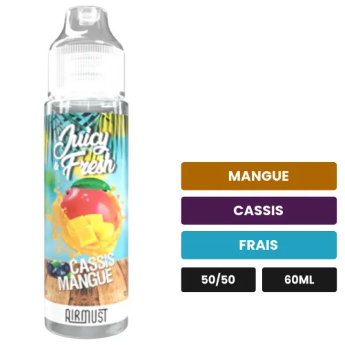 E-liquide Cassis Mangue d'Airmust, 60 ml, saveurs mangue, cassis et frais.