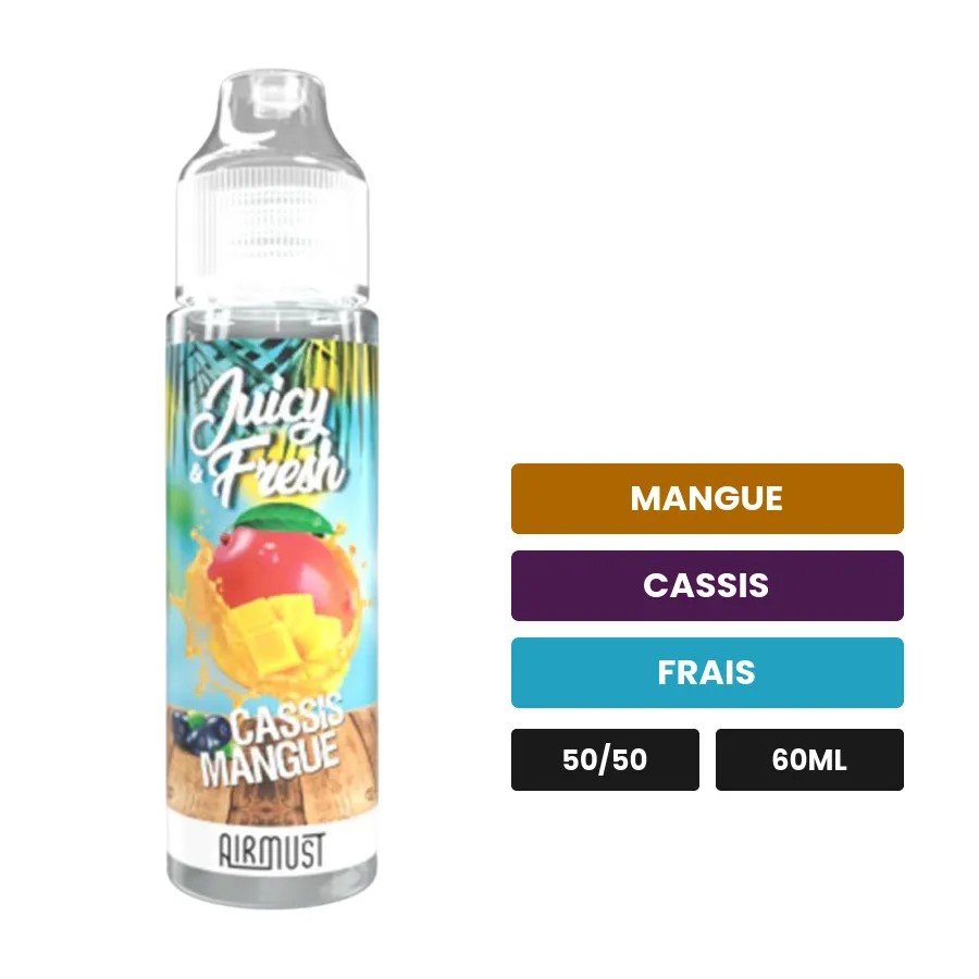 E-liquide Cassis Mangue d'Airmust, 60 ml, saveurs mangue, cassis et frais.