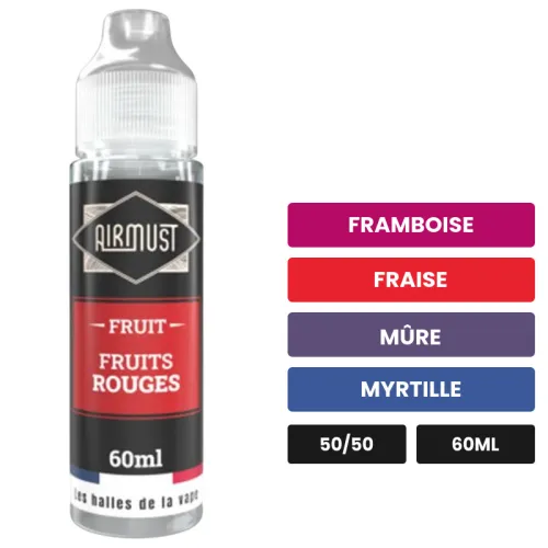 E-liquide Fruits Rouges d'Airmust, 60 ml, saveurs framboise, fraise, mûre et 2 autres.