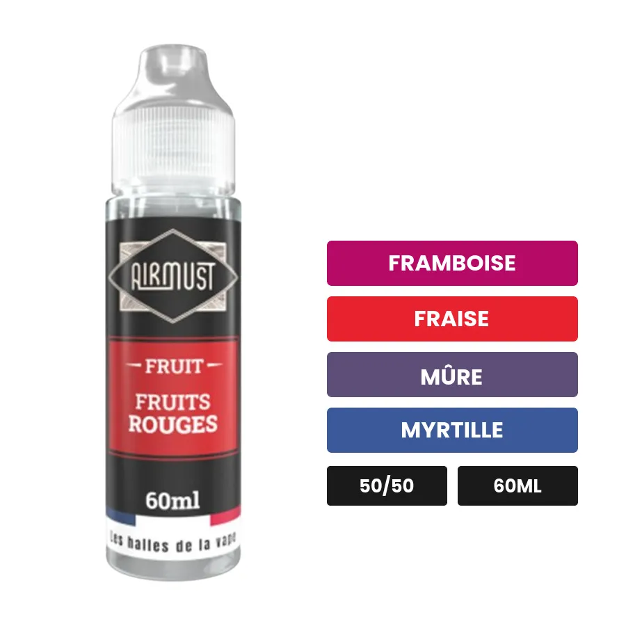 E-liquide Fruits Rouges d'Airmust, 60 ml, saveurs framboise, fraise, mûre et 2 autres.