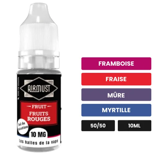 E-liquide Fruits Rouges d'Airmust, 10 ml, saveurs framboise, fraise, mûre et 2 autres.