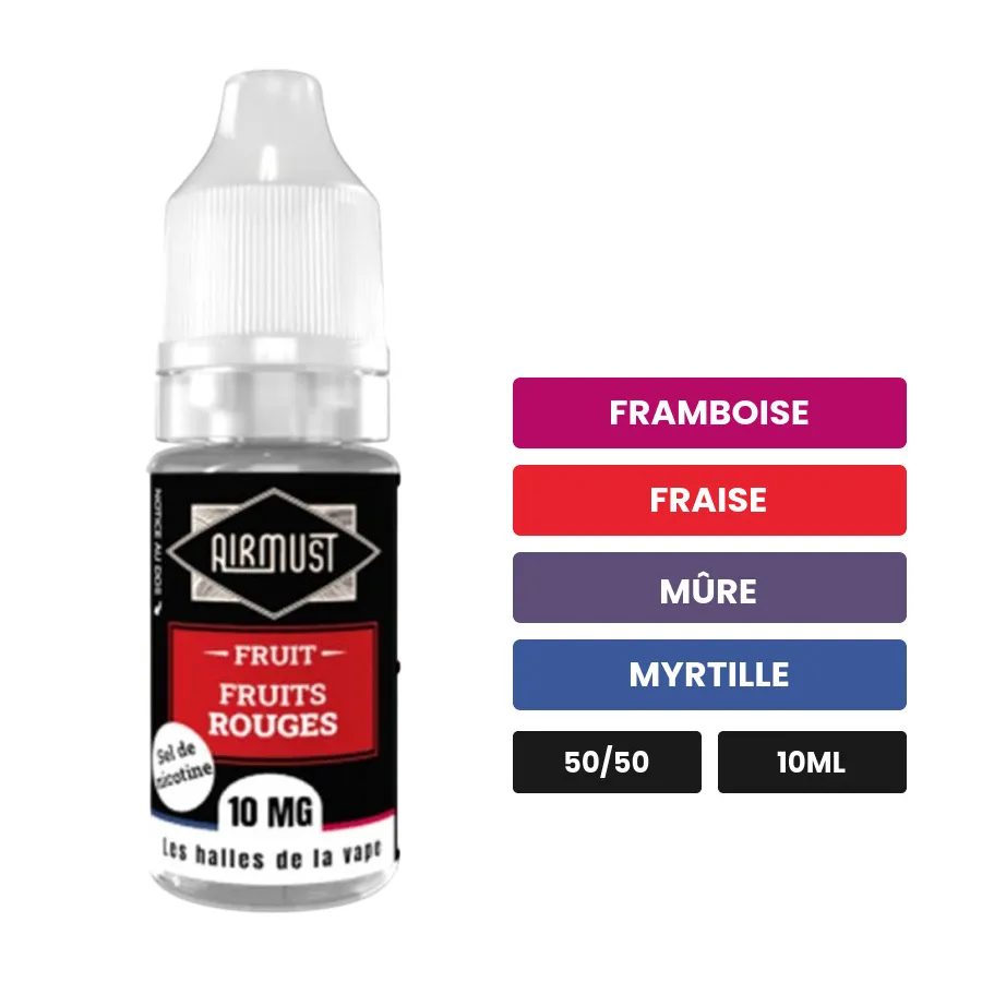 E-liquide Fruits Rouges d'Airmust, 10 ml, saveurs framboise, fraise, mûre et 2 autres.