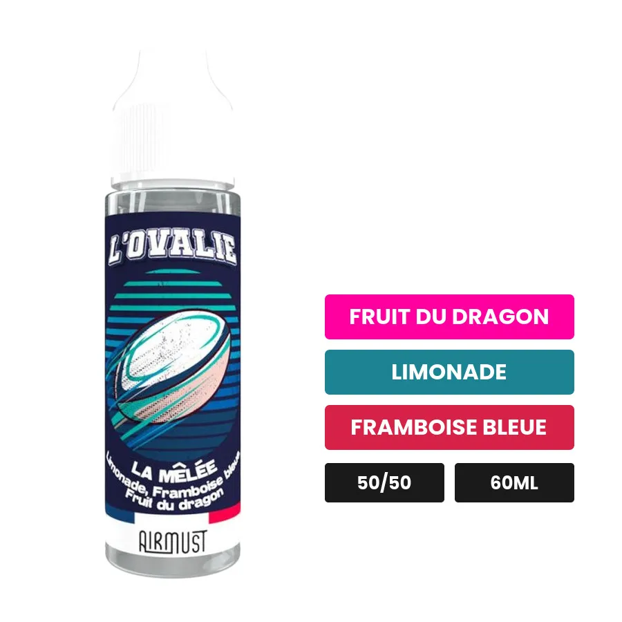 E-liquide La Mêlée d'Airmust, 60 ml, saveurs fruit du dragon, limonade et framboise bleue.