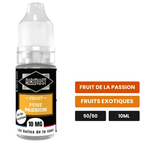 E-liquide Pure Passion d'Airmust, 10 ml, saveurs fruit de la passion et fruits exotiques.