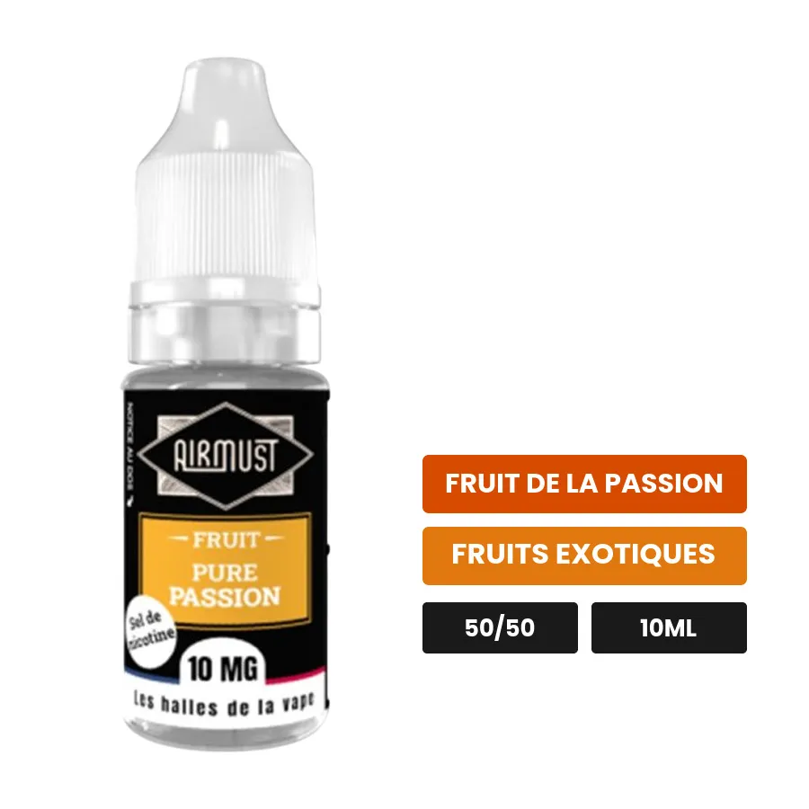 E-liquide Pure Passion d'Airmust, 10 ml, saveurs fruit de la passion et fruits exotiques.