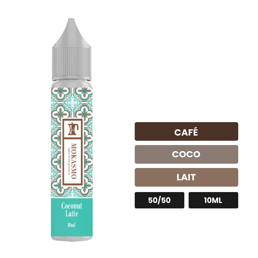 E-liquide Latte Noix de Coco d'Aisu, 10 ml, saveurs café, coco et lait, 10 mg de nicotine.
