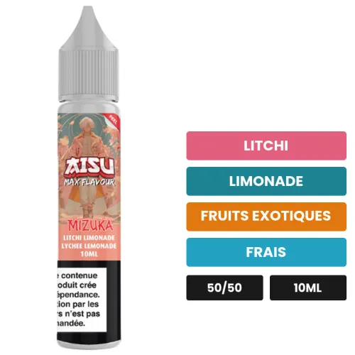 E-liquide Mizuka d'Aisu, 10 ml, saveurs litchi, limonade, fruits exotiques et 1 autre.