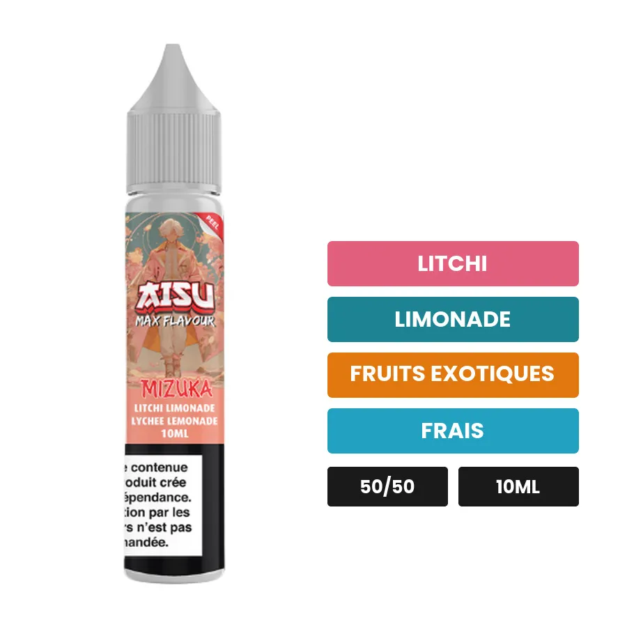 E-liquide Mizuka d'Aisu, 10 ml, saveurs litchi, limonade, fruits exotiques et 1 autre.