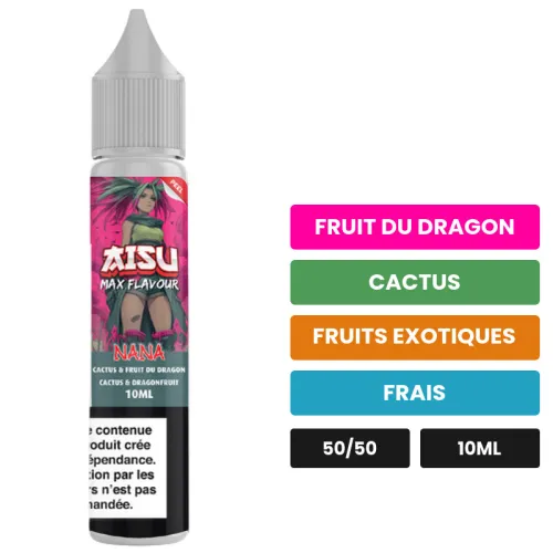 E-liquide Nana d'Aisu, 10 ml, saveurs fruit du dragon, cactus, fruits exotiques et 1 autre.
