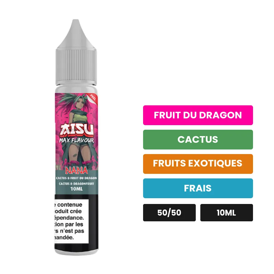 E-liquide Nana d'Aisu, 10 ml, saveurs fruit du dragon, cactus, fruits exotiques et 1 autre.