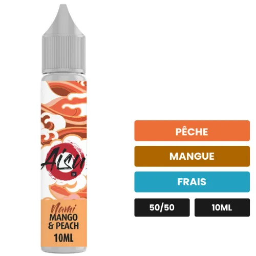 E-liquide Mango Peach d'Aisu, 10 ml, saveurs pêche, mangue et frais, 10 mg de nicotine.