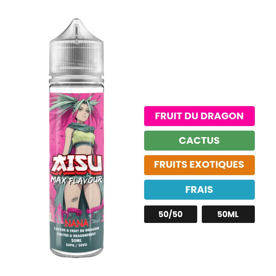 E-liquide Nana d'Aisu, 50 ml, saveurs fruit du dragon, cactus, fruits exotiques et 1 autre.