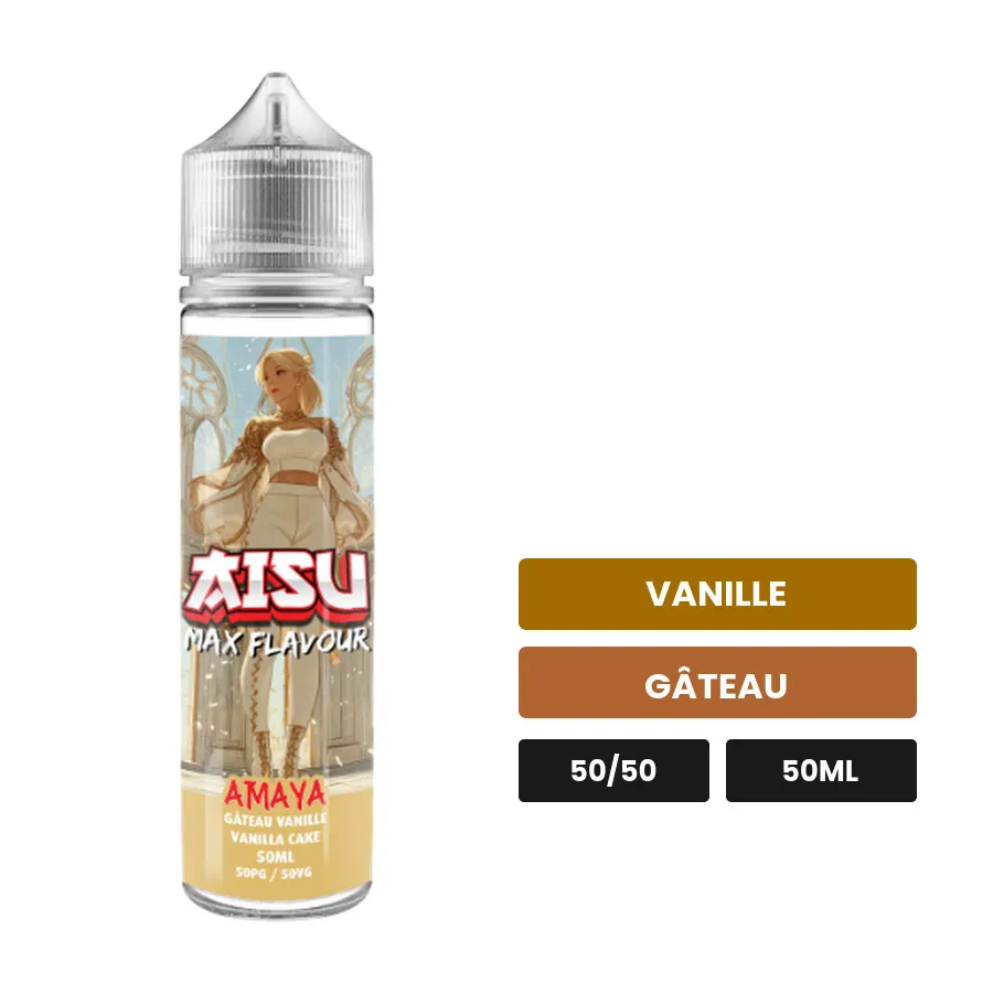 E-liquide Amaya d'Aisu, 50 ml, saveurs vanille et gâteau.