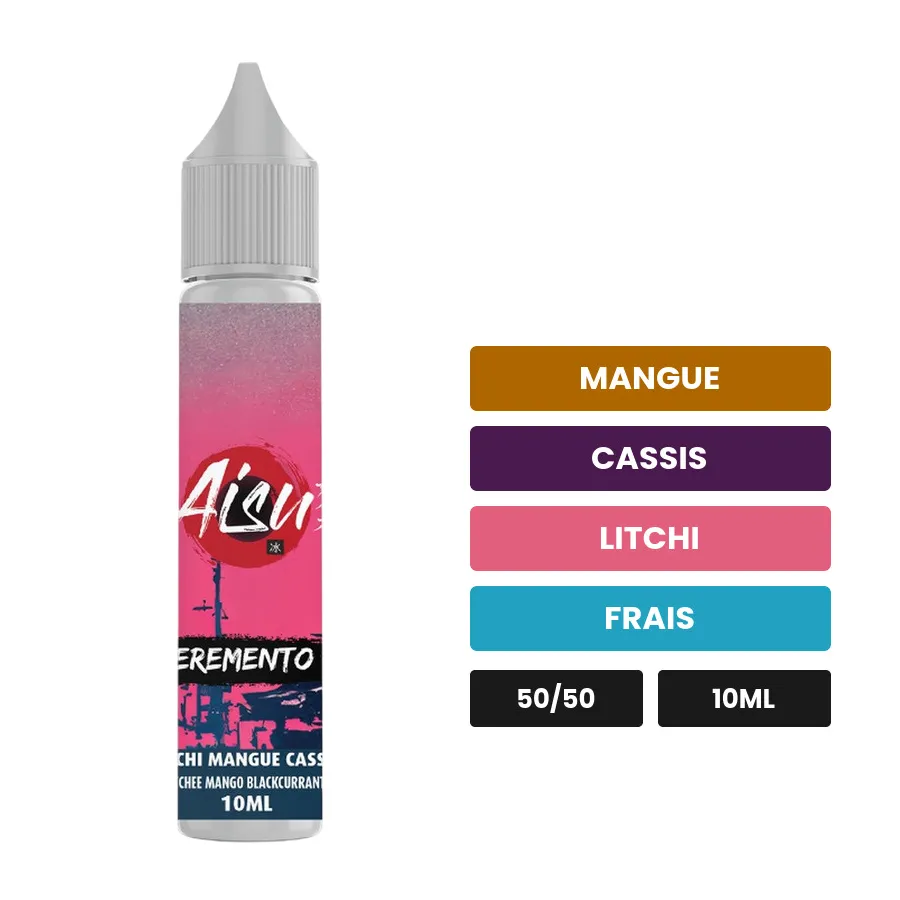 E-liquide Litchi Mangue Cassis d'Aisu, 10 ml, saveurs mangue, cassis, litchi et 1 autre.