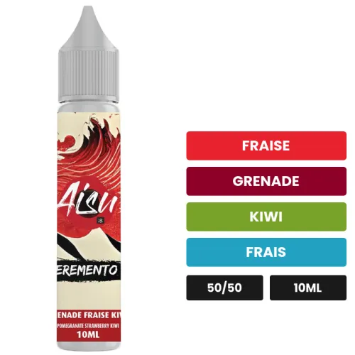E-liquide Grenade Fraise Kiwi d'Aisu, 10 ml, saveurs fraise, grenade, kiwi et 1 autre, 10 mg de nicotine.