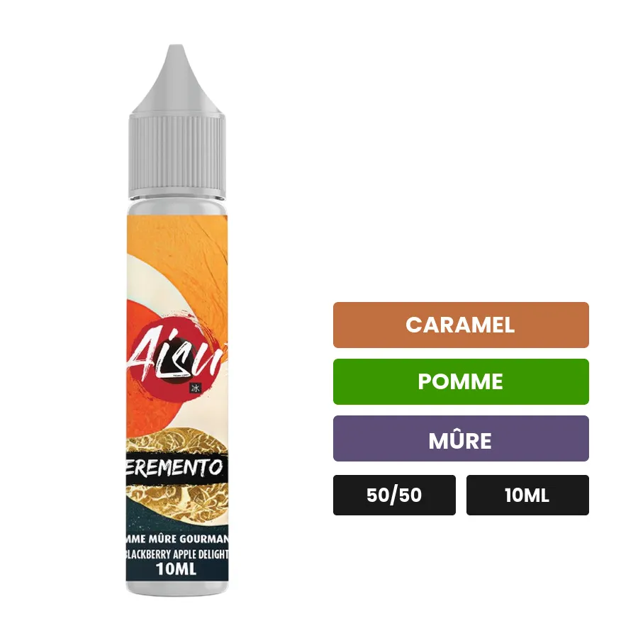 E-liquide Pomme Mûre Gourmande d'Aisu, 10 ml, saveurs caramel, pomme et mûre.