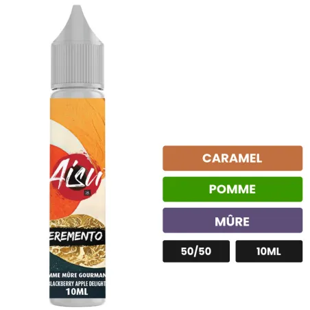 E-liquide Pomme Mûre Gourmande d'Aisu, 10 ml, saveurs caramel, pomme et mûre.