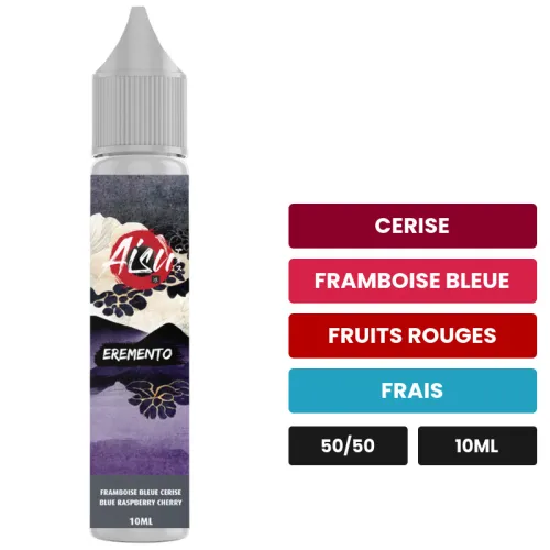 E-liquide Framboise Bleue Cerise d'Aisu, 10 ml, saveurs cerise, framboise bleue, fruits rouges et 1 autre.