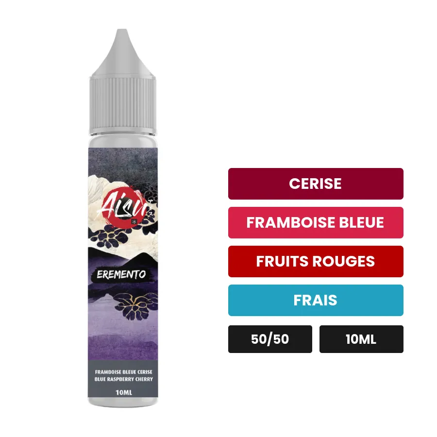 E-liquide Framboise Bleue Cerise d'Aisu, 10 ml, saveurs cerise, framboise bleue, fruits rouges et 1 autre.