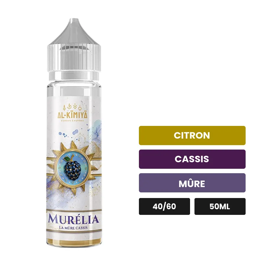 E-liquide Murélia d'Al-Kimiya, 50 ml, saveurs citron, cassis et mûre, sans nicotine — prêt à booster de nicotine.
