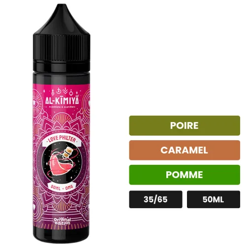 E-liquide Love Philter d'Al-Kimiya, 50 ml, saveurs poire, caramel et pomme.