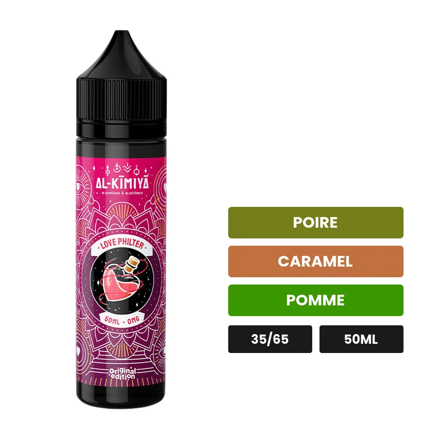 E-liquide Love Philter d'Al-Kimiya, 50 ml, saveurs poire, caramel et pomme.