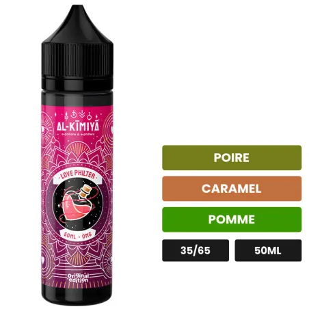 E-liquide Love Philter d'Al-Kimiya, 50 ml, saveurs poire, caramel et pomme.