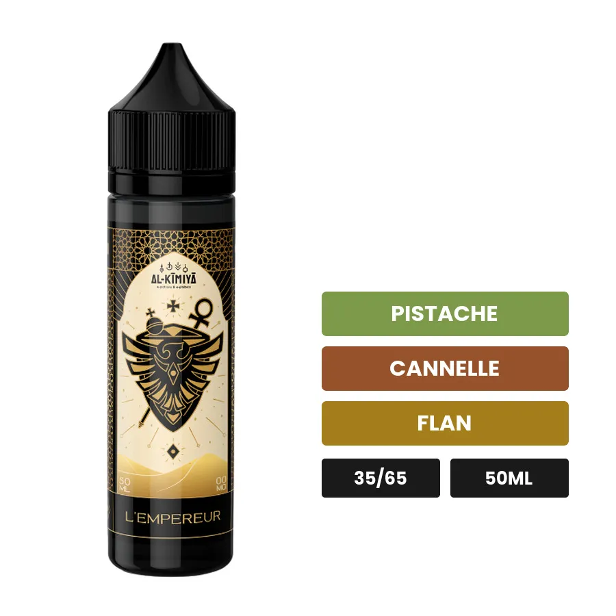 E-liquide L'Empereur d'Al-Kimiya, 50 ml, saveurs pistache, cannelle et flan, sans nicotine — prêt à booster de nicotine.