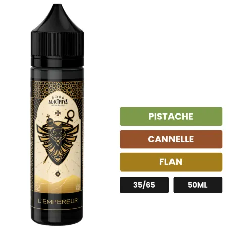 E-liquide L'Empereur d'Al-Kimiya, 50 ml, saveurs pistache, cannelle et flan, sans nicotine — prêt à booster de nicotine.