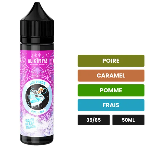 E-liquide Love Philter Frozen Heart d'Al-Kimiya, 50 ml, saveurs poire, caramel, pomme et 1 autre.