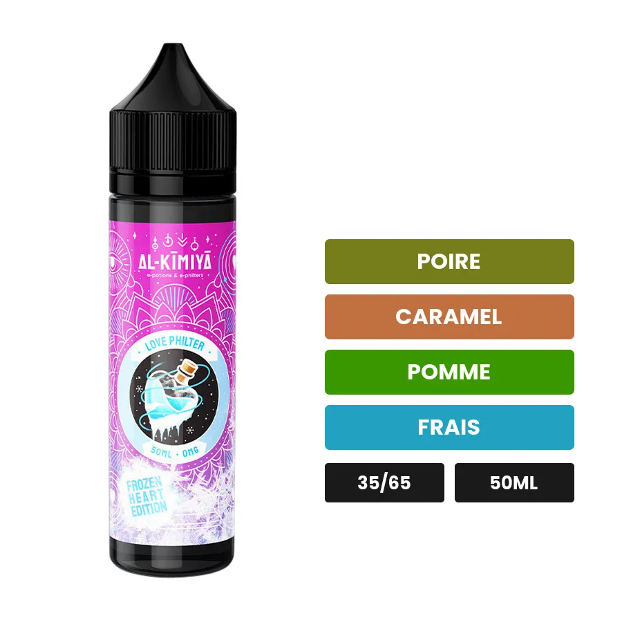E-liquide Love Philter Frozen Heart d'Al-Kimiya, 50 ml, saveurs poire, caramel, pomme et 1 autre.