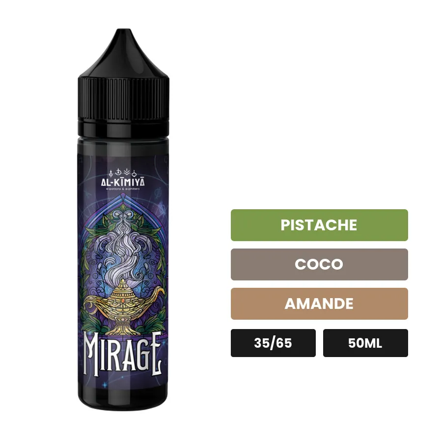 E-liquide Mirage d'Al-Kimiya, 50 ml, saveurs pistache, coco et amande, sans nicotine — prêt à booster de nicotine.