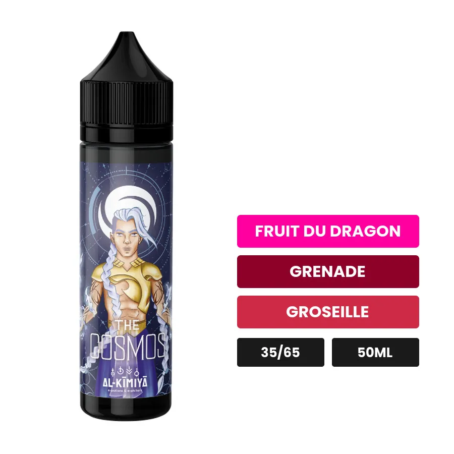 E-liquide The Cosmos d'Al-Kimiya, 50 ml, saveurs fruit du dragon, grenade et groseille.