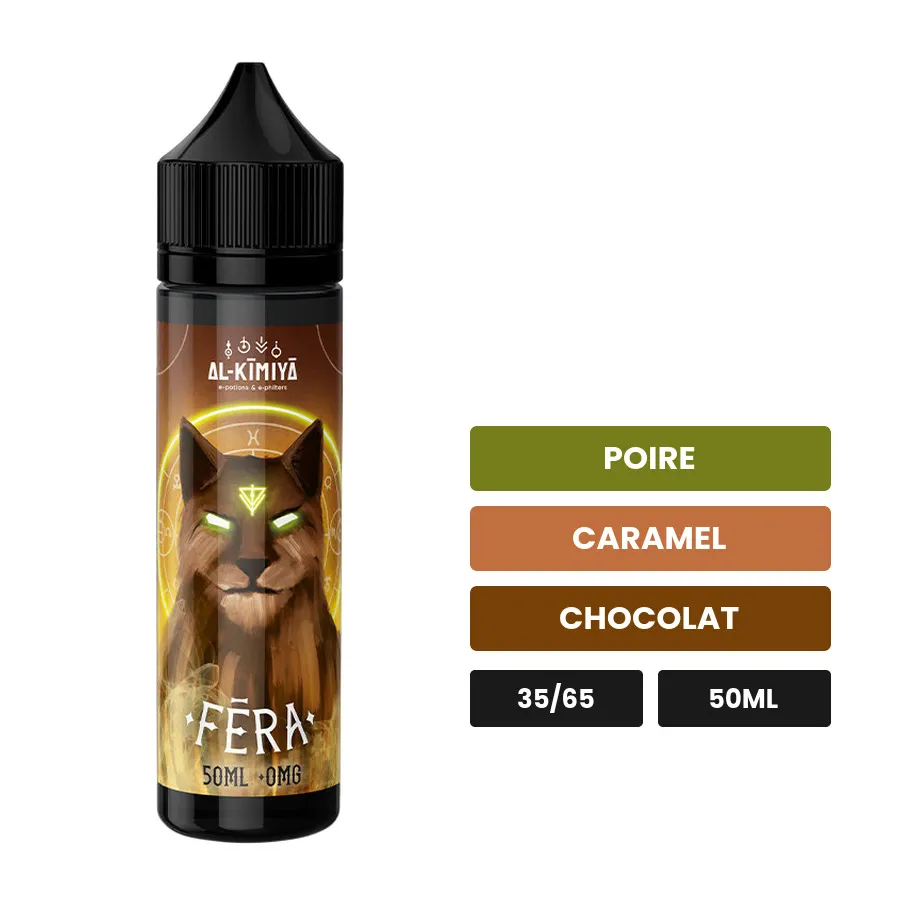 E-liquide Fera d'Al-Kimiya, 50 ml, saveurs poire, caramel et chocolat, sans nicotine — prêt à booster de nicotine.