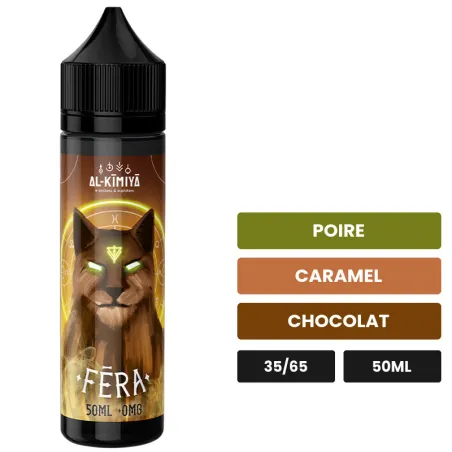 E-liquide Fera d'Al-Kimiya, 50 ml, saveurs poire, caramel et chocolat, sans nicotine — prêt à booster de nicotine.