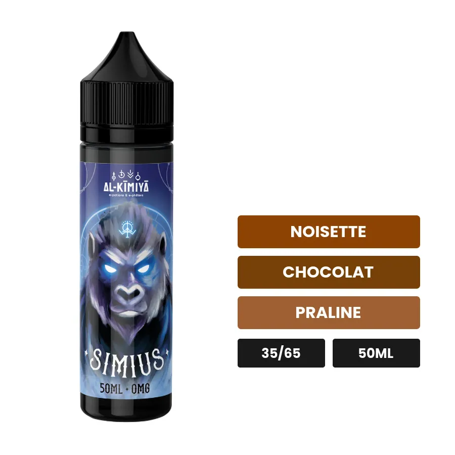 E-liquide Simius d'Al-Kimiya, 50 ml, saveurs noisette, chocolat et praline, sans nicotine — prêt à booster de nicotine.