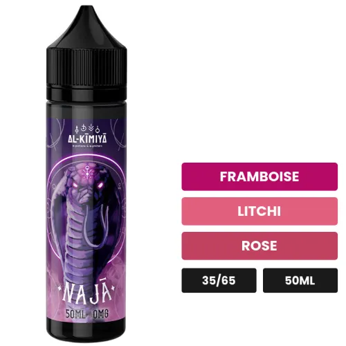 E-liquide Naja d'Al-Kimiya, 50 ml, saveurs framboise, litchi et rose, sans nicotine — prêt à booster de nicotine.