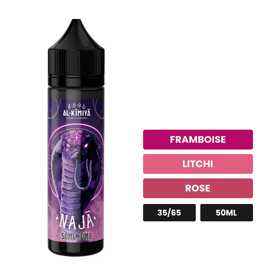 E-liquide Naja d'Al-Kimiya, 50 ml, saveurs framboise, litchi et rose, sans nicotine — prêt à booster de nicotine.