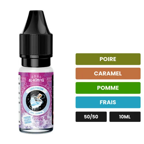 E-liquide Love Philter Frozen Heart d'Al-Kimiya, 10 ml, saveurs poire, caramel, pomme et 1 autre.