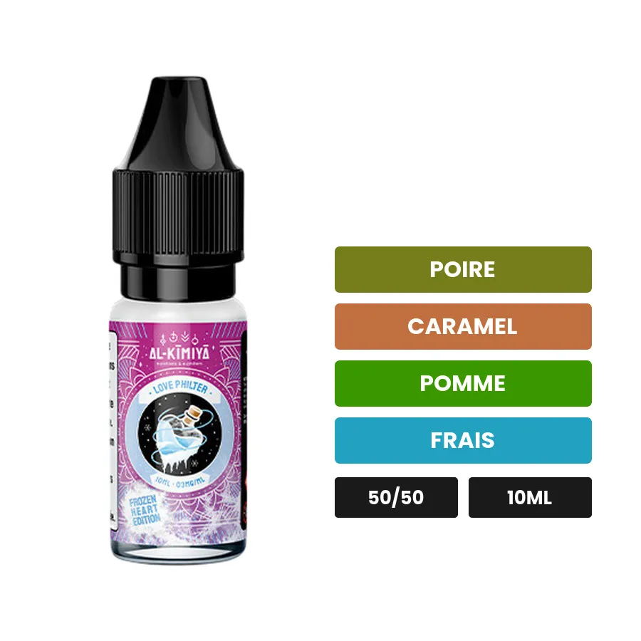 E-liquide Love Philter Frozen Heart d'Al-Kimiya, 10 ml, saveurs poire, caramel, pomme et 1 autre.