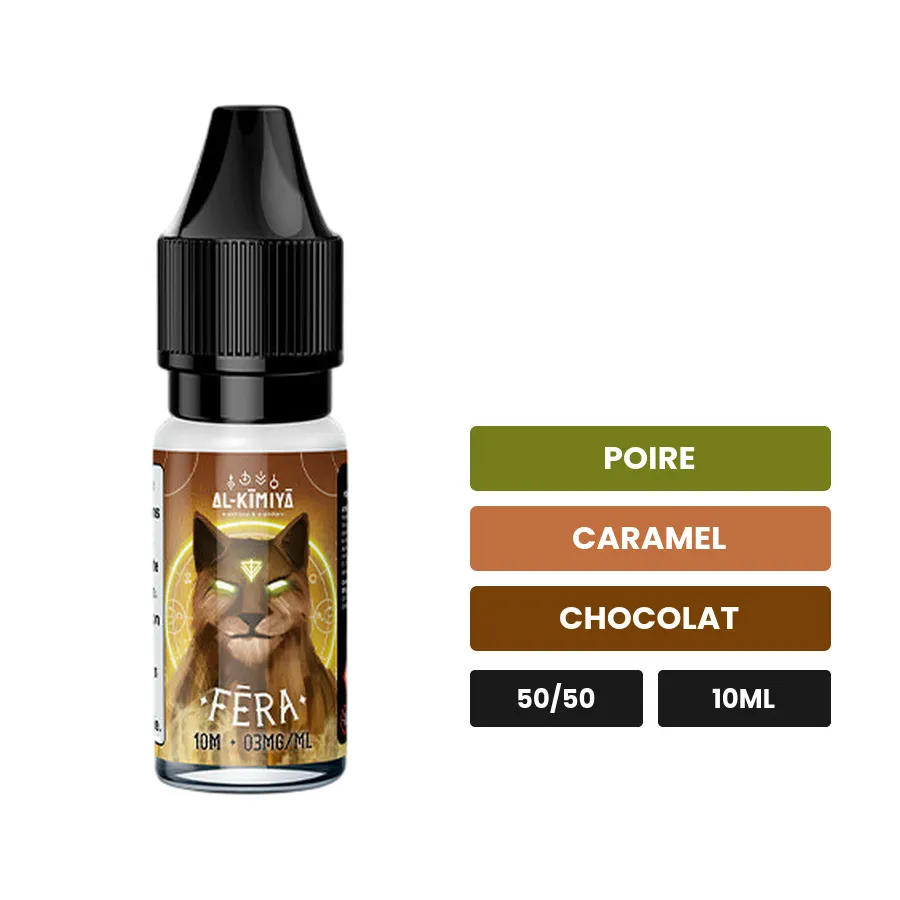 E-liquide Fera d'Al-Kimiya, 10 ml, saveurs poire, caramel et chocolat, 3 mg de nicotine.