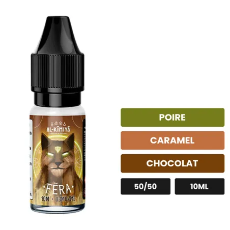 E-liquide Fera d'Al-Kimiya, 10 ml, saveurs poire, caramel et chocolat, 3 mg de nicotine.