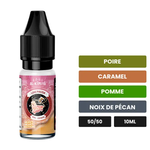 E-liquide Love Philter Heavy Heart d'Al-Kimiya, 10 ml, saveurs poire, caramel, pomme et 2 autres.