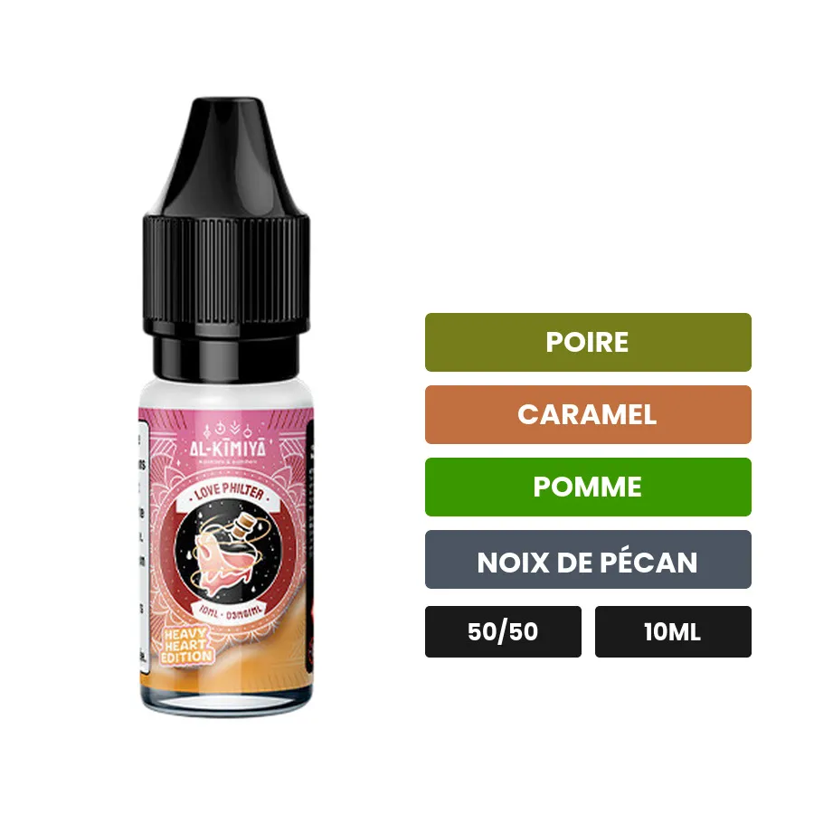 E-liquide Love Philter Heavy Heart d'Al-Kimiya, 10 ml, saveurs poire, caramel, pomme et 2 autres.