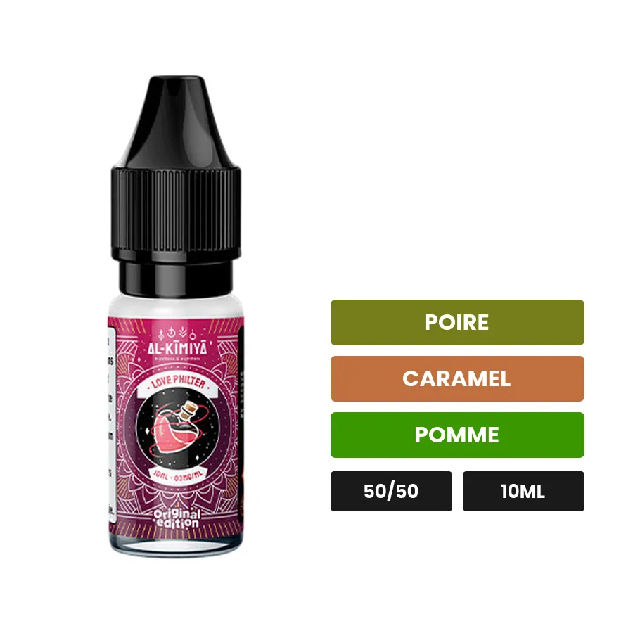 E-liquide Love Philter d'Al-Kimiya, 10 ml, saveurs poire, caramel et pomme.