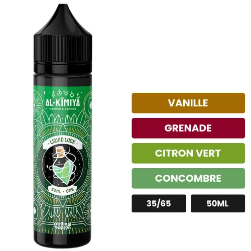 E-liquide Liquid Luck d'Al-Kimiya, 50 ml, saveurs vanille, grenade, citron vert et 2 autres.