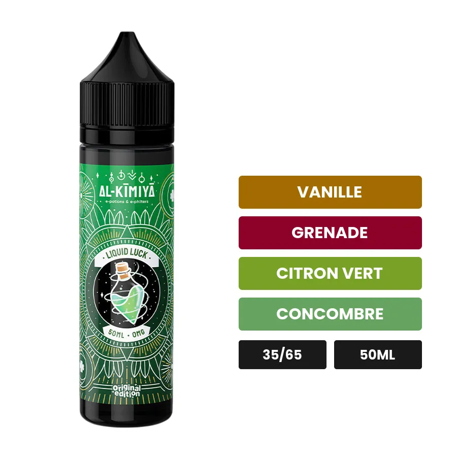E-liquide Liquid Luck d'Al-Kimiya, 50 ml, saveurs vanille, grenade, citron vert et 2 autres.