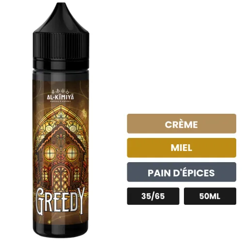 E-liquide Greedy d'Al-Kimiya, 50 ml, saveurs crème, miel et pain d'épices, sans nicotine — prêt à booster de nicotine.