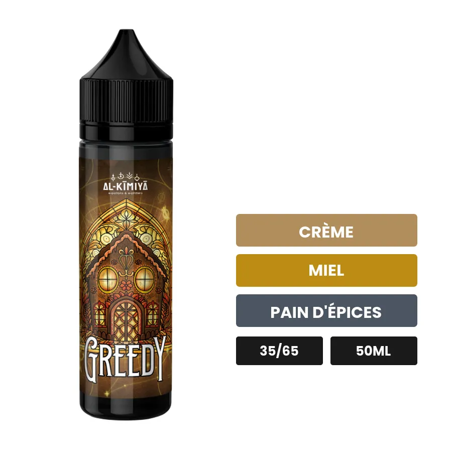 E-liquide Greedy d'Al-Kimiya, 50 ml, saveurs crème, miel et pain d'épices, sans nicotine — prêt à booster de nicotine.
