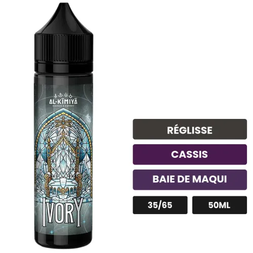 E-liquide Ivory d'Al-Kimiya, 50 ml, saveurs réglisse, cassis et baie de maqui, sans nicotine — prêt à booster de nicotine.